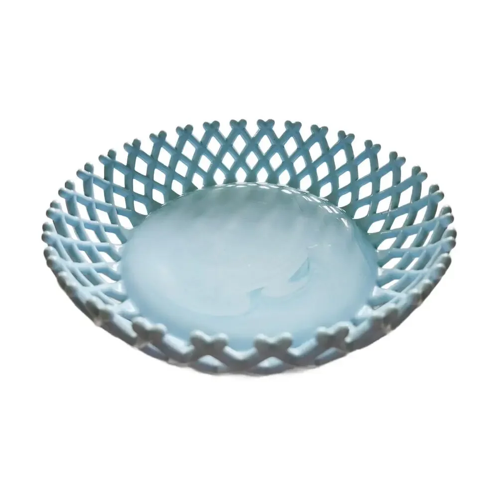 Vintage Blue Slag Glass Basket Weave Fruit Bowl, 1930s, 9